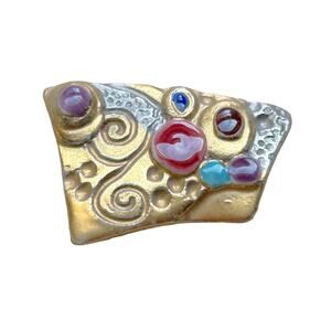 Vintage Carol Halmy Porcelain Abstract Brooch Gold Tone